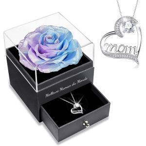 Cadeau Maman, Rose Eternelle avec Bijoux avec Argent 925 Collier, Meilleure Maman du Monde, Collier Anniversaire Femme, Coffret Rose Eternelle, Varie Fleur Pr&eacute;serv&eacute;e Cadeau Anniversaire Noel - Neuf