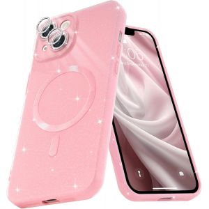 Eryi-Coque Magnétique Pour Iphone 15 Etui À Paillettes Brillant Compatible Avec Magsafe Charge Sans Fil Housse De Protection Antichoc Pour Appareil Photo Glitter Silicone Tpu Souple,Rose - Neuf