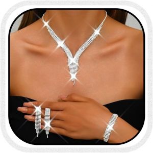 Kal-Parure De Bijoux De Mariage En Argent Avec Collier Et Boucles D'oreilles En Strass - Ensemble De Bijoux Formels Pour Femme, Taille Unique, /, Pas De Gemme - Neuf