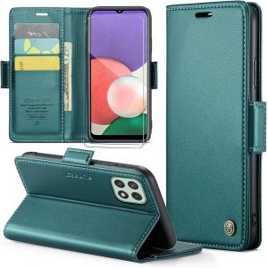 Kal-Coque Pour Samsung Galaxy A22 5g/A22s+ 2 Pi&egrave;ces Verre Tremp&eacute;,Antivol,Prend En Charge Le Chargement Sans Fil, Pochette Fermeture Magn&eacute;tique Flip Case-Bleu-Vert - Neuf