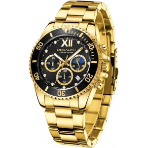 Eryi-Montre Homme Acier Chronographe: Montre Bracelet Or Noir Analogique Quartz - Montre Etanche Lumineuses Calendrier Élégant Cadeau Pour Hommes - Neuf