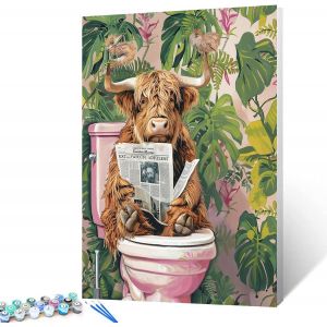 Tianyi-Kit De Peinture À L'huile Sur Toile Pour Salle De Bain Avec Pinceaux Et Pigments Acryliques - Motif Vache Des Highlands - 40,6 X 50,8 Cm - Décoration D'intérieur (Sans Cadre) - Neuf