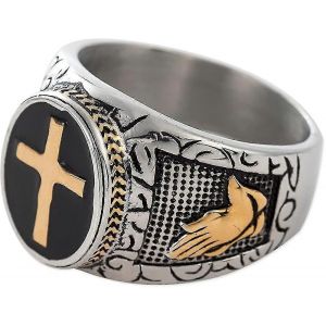 Bague De Prière Chrétienne Sainte-Croix En Acier Inoxydable Émail Noir Religieux - Neuf