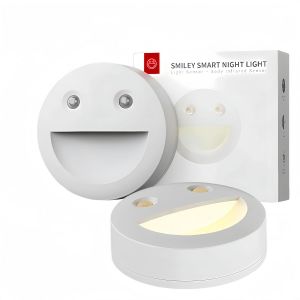 Lot De 2 Veilleuses Smiley Avec Détecteur De Mouvement, 3 Lampes Aaa À Piles Avec 4 Modes (Mode Blanc Automatique/Mode Couleur Chaude Automatique/On/Off), Lampe De Nuit Pour Chambre À Coucher, - Neuf