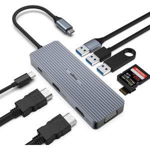 Hub USB C, Station d'accueil 9 en 1, Dual 4K HDMI, VGA, 100 W PD, USB 3.0, 2 USB 2.0, Lecteur de Carte SD/TF, Compatible MacBook/Surface Pro - Neuf