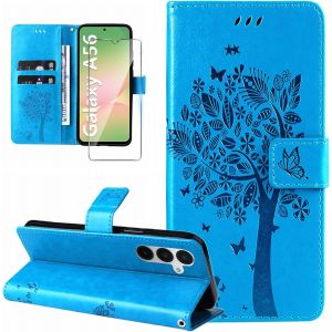 JGD-Coque pour Samsung Galaxy A56 5G Etui Coque Portefeuille Cuir avec Verre Tremp&eacute; Motif Porte Carte &agrave; Rabat Clapet Protection Flip Case Housse Coque pour Samsung Galaxy A56 5G-Bleu - Neuf