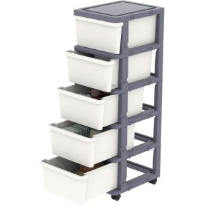 Ulteronixshop-Tour de Rangement, Tiroirs de Rangement en Plastique, Caisson de Bureau sur Roues Verrouillables pour Domicile &agrave; Chambre, Dormoir, D&eacute;tachable, Combinaison Libre, Blanc et Gris, 5 Tiroir - Neuf