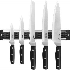 Checarzhn--No1-5 Pièces Set Couteau Cuisine Avec Porte Couteaux Aimanté (33 Cm), Couteaux De Cuisine Professionnels En Acier Inoxydable, Aimant Couteau Mural Pour Les Couteaux Et Les Ustensiles (Noir - Neuf