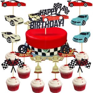 Subzonal-Lot De 13 Décorations De Gâteau D'anniversaire En Forme De Voiture De Course Avec Drapeau À Carreaux (B2) - Neuf