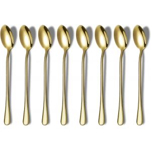 Cuillère À Café Dorée À Long Manche, Cuillère À Café En Acier Inoxydable De Qualité Supérieure, Cuillère À Thé Glacé, Cuillère À Glace, Cuillère À Cocktail, Lot De 8 (Doré) - Neuf