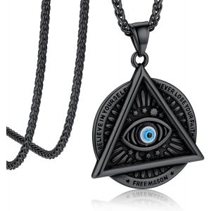 Trahoo-Homme Collier Maçonnique En Acier Inoxydable/Noir, Pendentif Médaillon Oeil De Providence/Franc Maçon, Bijou Amulette - Neuf