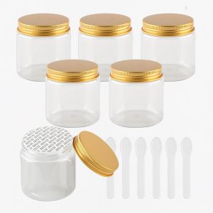 6 Pièces Vides Petit 250 ml Transparent Cosmétique Pot en Plastique avec Couvercle Or 250 g Pots de Cosmétique Crème de Bouteille Contenant avec 6x Spatules - Neuf