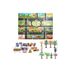Tapis de jeu sur le th&egrave;me de la ville avec panneaux de signalisation et circuit de voitures, comprenant 10 arbres, 18 panneaux, en tissu non tiss&eacute;, 130 x 100 cm - Neuf