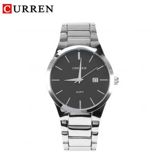 Montre-Bracelet A Quartz Analogique Curren Pour Homme, Bracelet En Alliage (Boitier Argente + Cadran Noir) - Neuf