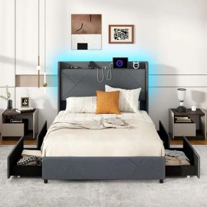 Costway Lit 140 X 200cm 2 Places Avec Éclairage Led, Tête De Lit De Rangement, Station De Chargement, 4 Tiroirs Sur Roues, 2 Poches - Neuf