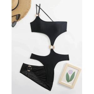 Maillot De Bain Une Pièce Asymétrique À Une Épaule Avec Jupe En Maille Et String Pour Femme, Avec Anneau En Métal, Monokini, Vêtements De Plage - Neuf