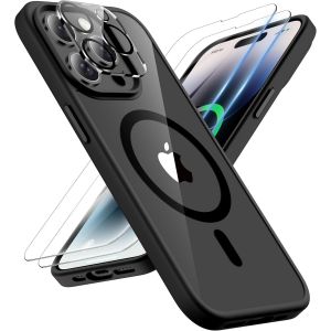 AYU-Coque pour iPhone 14 Pro Max avec 2 Verre Trempé et 1 Caméra Protecteur, Compatible avec Mag Safe, Antichoc Transparente Arrière Coque Magnétique pour iPhone 14 Pro Max 6.7"" Noir - Neuf