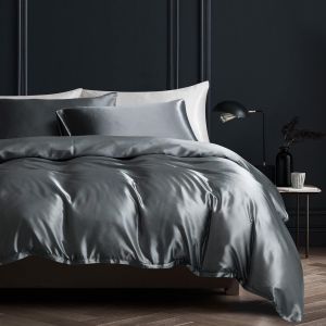 Sjzg-Housse De Couette Satin Gris Fonc&eacute; 220x240cm Unie Lisse Soyeux Brillant Doux Soie Parure De Lit Avec Fermeture &Eacute;clair Sets De Housse De Couette 2 Personnes Avec 2 Taies D'oreiller 65x65cm - Neuf