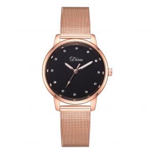 Montre-Bracelet Analogique A Quartz Pour Femme, Decontractee, Avec Cadran Rond En Strass Et Bracelet En Maille D'alliage (Noir) - Neuf