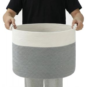 MEVRONISSHOP-Panier &agrave; Linge Rond 88L en Corde de Coton, Grande Corbeille &agrave; Linge et Panier de Rangement avec Poign&eacute;es, pour Linge Sale, Chambre et Buanderie, 56 x 36 cm, Blanc et Gris Clair - Neuf