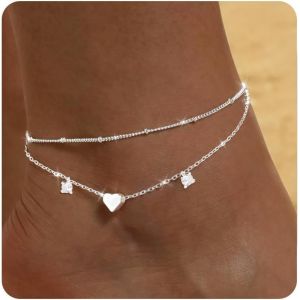 Eryi-Lot Bracelets De Cheville Or Argent Pour Femme Multirang Réglables Chaine Cheville Perles 18 Carats Plaqué Or Avec C?Ur Croix Paillettes Cz Accessoires Été Chaine De Pied Bijoux Femme Fille - Neuf