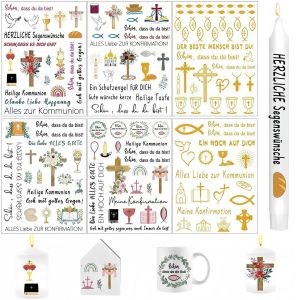 Eryi-Lot De 6 Feuilles De Tatouages De Bougies Pour Première Communion, Confirmation Et Baptême U2013 Autocollants De Bougies Avec Motifs Décoratifs, Idéal Pour Les Fêtes Religieuses - Neuf