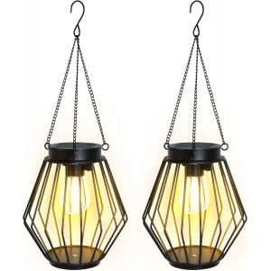 Lot De 2 Lanternes Solaires Pour L'ext&eacute;rieur - &Eacute;tanche - &Eacute;clairage De Jardin Led Vacillant - Lumi&egrave;re Blanche Chaude - M&eacute;tal - Lampes Solaires &Agrave; Suspendre Et &Agrave; Poser - Neuf