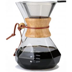 CMWS-Verser Over Cafetière avec Filtre en Acier Inoxydable Réutilisable, 800 ml Carafe à Café en Verre Borosilicaté, Collier en Bois, Infuseur à Café, Peut Contenir 4 Tasses - Neuf