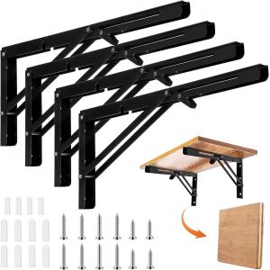 MEVRONISSHOP-Equerre Etagere murale 4 Pi&egrave;ces,Supports D' &Eacute;tag&egrave;res Pliants,Noir Support Console Pliable &Eacute;querre Pliante &Eacute;tag&egrave;re 80KG,Equerre Charge Lourde pour La Maison,Cuisine,Bureau,Table,Mur - Neuf