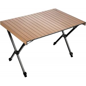 SUBZONAL-Table Pliante Camping 4-6 Personnes Hauteur R&eacute;glable Plateau &agrave; Enrouler Aluminium pour Camping Pique-Nique Barbecue Jardin F&ecirc;te Support 100 kg, Marron - Neuf