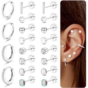 Kal-10 Paires De Boucles D`Oreilles Hypoallergéniques À Fond Plat Pour Hommes Et Femmes En Acier Chirurgical Doré/Argenté, Petit Hoop, Cartilage, Tragus, Ensemble Pour Multiples Piercings - Neuf