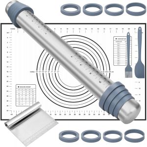 Ayuhr-Rouleau À Pâtisserie Antiadhésif,Rouleau À Pâtisserie En Acier Inoxydable,Avec 8anneau En Silicone Réglable,Avec Tapis De Cuisson En Silicone Et Grattoir Pour Pâtisserie À Rouler Pâte - Neuf