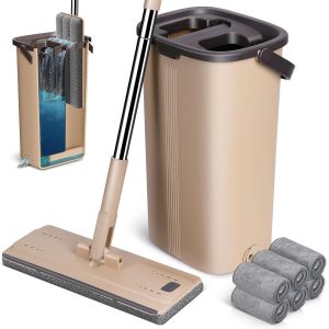 Balai Plat Microfibre Et Seau Essoreur,Serpillère Rotative 360° Et Seau De Système Auto-Lavage Pour Nettoyage De Sol Humide&sec,Avec 6 Tampons (Beige) - Neuf