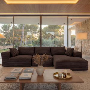 Ensemble canap&eacute; HWC-P20, canap&eacute; 3 places, canap&eacute; lounge, tissu/textile velours c&ocirc;tel&eacute; (370 g/m&sup2;) Surface de couchage &agrave; droitemarron - Neuf