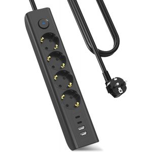Multiprise 8 n 1 avec USB, 3680 W, avec interrupteur, multiprise 16 A avec 2 ports USB C, montage mural, prise de distribution pour smartphones, iPad, c&acirc;ble de 1,8 m, noir - Neuf