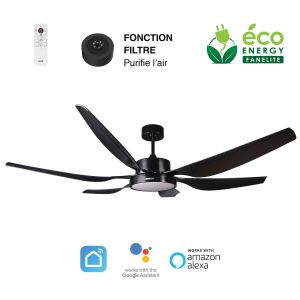 Fanelite - Ventilateur de plafond 168 cm noir MAKATEA - Moteur DC 55W - LED 22W dimmable 3 couleurs - Tr&egrave;s silencieux + PURIFICATEUR D'AIR INCLUS - Neuf