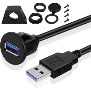 JGD-TNP C&acirc;ble USB 3.0 encastrable pour tableau de bord avec attache - Rallonge jack connecteur 1 port USB Prise Jack connecteur Extension Fil &eacute;tanche m&acirc;le vers Femelle pour tableau de bord (1m / 3 pi - Neuf