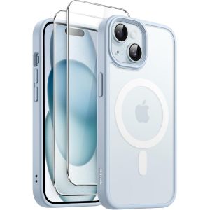 JGD-3 en 1 Coque Magn&eacute;tique pour iPhone 15 6,1 Pouces avec Lot de 2 Films de Protection D'&eacute;cran en Verre Tremp&eacute;, Compatible avec MagSafe, &Eacute;tui Housse Mat Translucide (Bleu) - Neuf