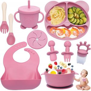 Kal-10 Pièces Coffret Repas Bebe Silicone, Assiette Bebe Set Vaisselle Assiette Ventouse Pour Bébé, Bavoir Silicone Bebe, Fourchettes, Enfant Set Couverts Vaisselle Pour Sevrage Manger (Rose) - Neuf