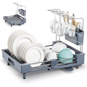 Égouttoir À Vaisselle Extensible, Pliable En Acier Inoxydable Avec Porte-Couverts Amovible, Support D'assiettes Résistant Aux Rayures Avec Porte-Verre À Vin Amovible, Bec Pivotant (Gris) - Neuf