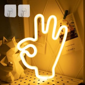 Enseigne N&eacute;on Led Ok Gesture En Forme De Main - Fonctionne Avec Usb Et Piles - Veilleuse N&eacute;on &Agrave; Suspendre Pour Maison, Mur, Salle De Jeux, Bar, No&euml;l, F&ecirc;te D'anniversaire - Neuf