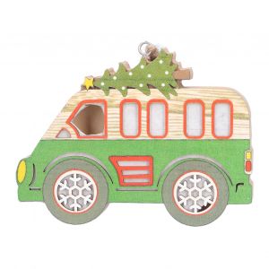 Pendentif pour sapin de Noel, fabrication soignee, couleurs riches, design mignon, ornements de voiture en bois a suspendre pour la decoration, minibus vert - Neuf