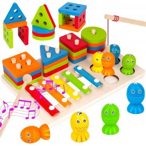 MDY-3 en 1 Jouet Bebe 1 an Montessori | Jouet d'Activité et de Développement en Bois Couleurs Pastel | Jeu Montessori 1 2 3 4 Ans, Jouets à empiler et de tri, Cadeau Bebe Enfant - Neuf