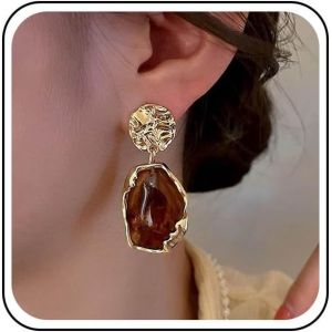 Kal-Boucles D'oreilles Pendantes Irrégulières En Acrylique Émaillé Marron Boucles D'oreilles Gouttes D'or Boucles D'oreilles Disque Martelé Acrylique Marron Géométriques Bijoux Pour Femmes - Neuf