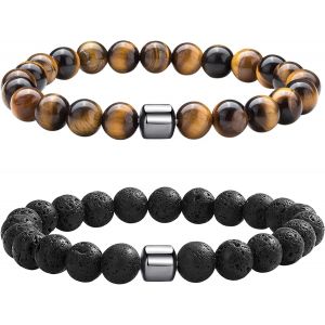 Eryi-Bracelets Perle Pour Homme, Réglables Bracelet Pierre Naturelle Homme, Bracelet Oeil De Tigre Pour Hommes, 8mm Pierres Bracelets Cadeau Bijoux Hommes - Neuf