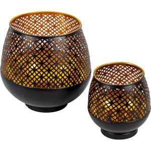 KALANKA-Porte-Bougie Noir et Or - Décoration de Table à Manger 2 Pièces - Porte-Bougie en Métal avec Ornements - Décoration en Métal Noir - Décoration de Table Lanterne Noire - 10 x 9 cm & 16 x 15 cm - Neuf