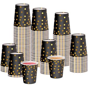 Kal-Lot De 100 Gobelets En Papier De Fête Noir Et Doré 250 Ml Gobelets En Papier À Pois Dorés Pour Boissons Chaudes Et Froides (Noir Et Doré) - Neuf