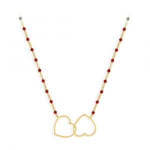 Collier Argent Dor&eacute; Double Coeur Et Pierre Rouge - Neuf