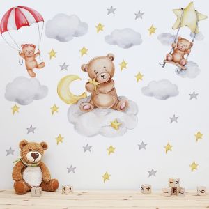 Eryi-Stickers Mureaux Ourson Autocollants Muraux Enfant Amovible Sticker Mural Avec Ours Nuages Étoiles Et Lune Autocollant Mural Animaux Pour Chambres Enfants Bébé Crèches Pépinière - Neuf