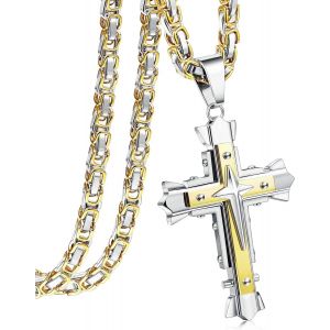 Trahoo-Collier Croix Chretienne Homme En Acier Inoxydable Byzantine Collier Pendentif Croix Homme Croix Collier Homme Acier Inoxydable Chaine Homme Noir Or 56/61/71cm - Neuf
